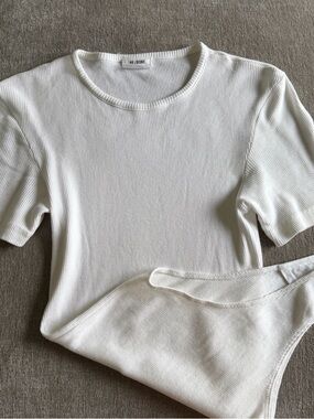 Re/Done White Ribbed Crewneck Tee Bodysuit